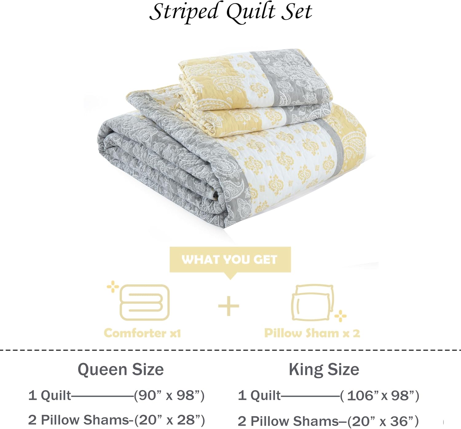 Yellow Quilts Queen Size, Cotton Bed Set, Yellow Grey White Comforter, Striped Bedding Queen Size, Lightweight Luxury Bedspread,3 Piece